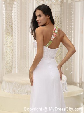 Appliques Decorated Ruched Bodice High Slit White Prom Dress