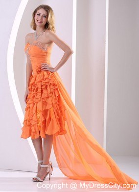 Orange Chiffon Beaded and Ruffled Detachable High-low Prom Dress