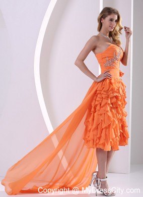 Orange Chiffon Beaded and Ruffled Detachable High-low Prom Dress