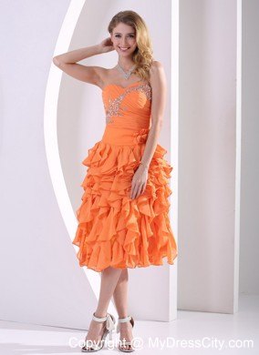 Orange Chiffon Beaded and Ruffled Detachable High-low Prom Dress