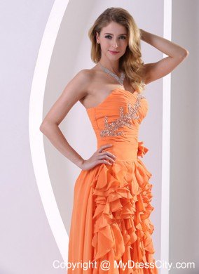 Orange Chiffon Beaded and Ruffled Detachable High-low Prom Dress