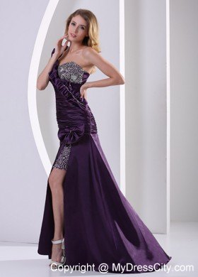 Dark Purple High Slit One Shoulder Ruched and Bead Prom Dress