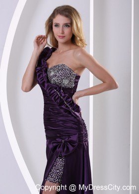 Dark Purple High Slit One Shoulder Ruched and Bead Prom Dress