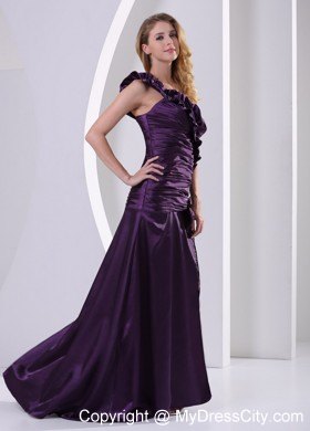 Dark Purple High Slit One Shoulder Ruched and Bead Prom Dress