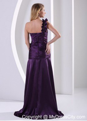 Dark Purple High Slit One Shoulder Ruched and Bead Prom Dress