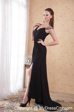 Black Sheath V-neck Brush Train Chiffon Beaded Dress for Prom