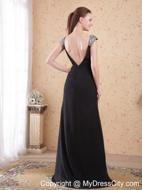 Black Sheath V-neck Brush Train Chiffon Beaded Dress for Prom