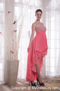 Watermelon Chiffon Empire Straps High-low Beading Prom Dress