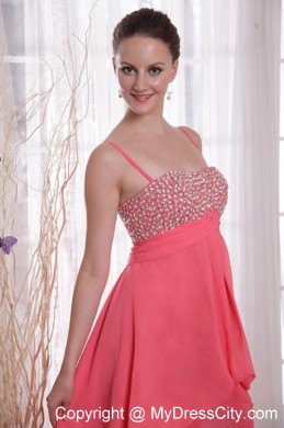 Watermelon Chiffon Empire Straps High-low Beading Prom Dress