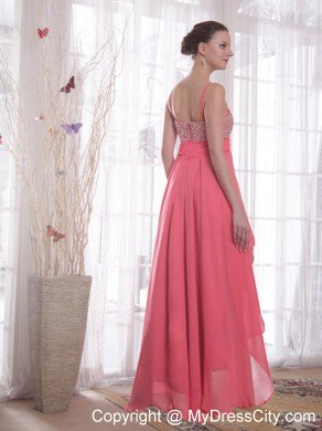 Watermelon Chiffon Empire Straps High-low Beading Prom Dress