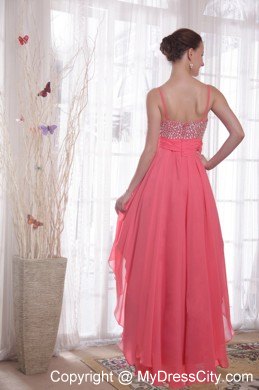 Watermelon Chiffon Empire Straps High-low Beading Prom Dress