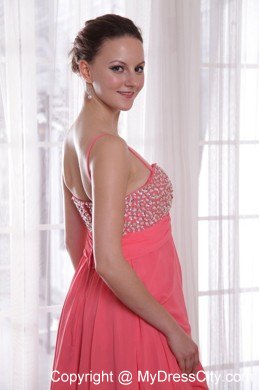 Watermelon Chiffon Empire Straps High-low Beading Prom Dress