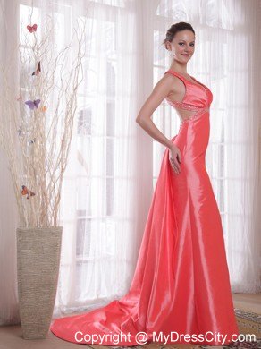 Watermelon Column Straps Criss Cross Back Beading Prom Gown