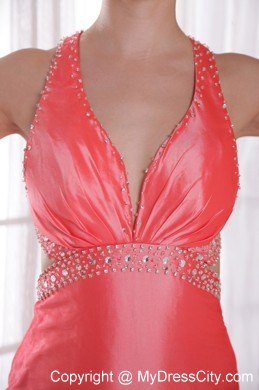 Watermelon Column Straps Criss Cross Back Beading Prom Gown