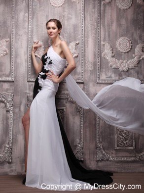 White and Black Empire One Shoulder Watteau Train Prom Dress