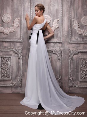 White and Black Empire One Shoulder Watteau Train Prom Dress