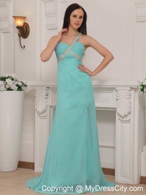 Column One Shoulder Brush Train Chiffon Beading Prom Dress