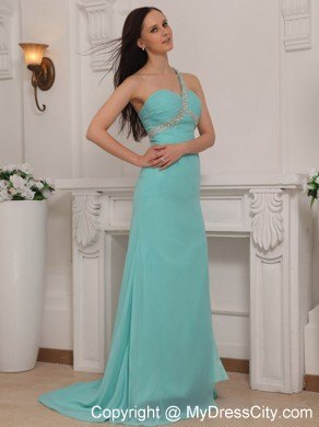 Column One Shoulder Brush Train Chiffon Beading Prom Dress