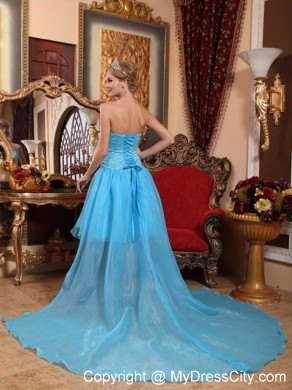 Aqua A-line Sweetheart High-low Brush Train Beaded Prom Dress