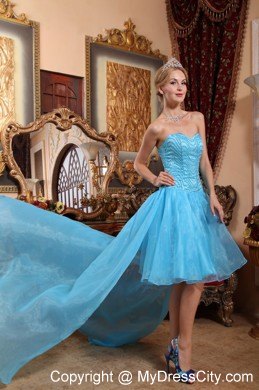 Aqua A-line Sweetheart High-low Brush Train Beaded Prom Dress