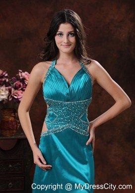 Turquoise Halter Brush Train Prom Dress with Cut Out Waist