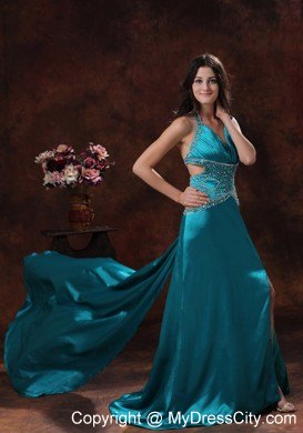 Turquoise Halter Brush Train Prom Dress with Cut Out Waist