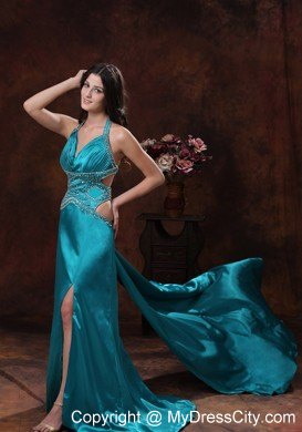 Turquoise Halter Brush Train Prom Dress with Cut Out Waist