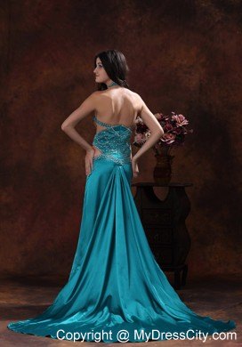 Turquoise Halter Brush Train Prom Dress with Cut Out Waist