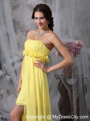 Lovely Yellow Sheath High-low Prom Dress with Hand Made Flower