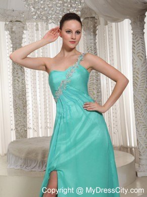 Customize Turquoise One-shoulder High Slit Prom Dress For Party