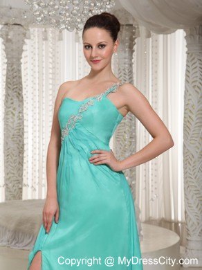 Customize Turquoise One-shoulder High Slit Prom Dress For Party