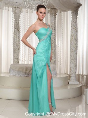 Customize Turquoise One-shoulder High Slit Prom Dress For Party