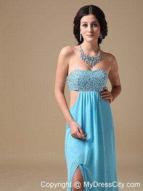 Sexy Aqua Empire Floor-length Chiffon Prom Gown with Beaded Bust