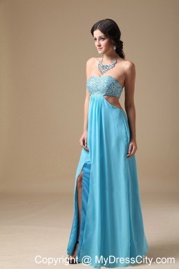 Sexy Aqua Empire Floor-length Chiffon Prom Gown with Beaded Bust