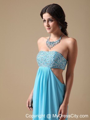 Sexy Aqua Empire Floor-length Chiffon Prom Gown with Beaded Bust