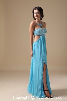 Sexy Aqua Empire Floor-length Chiffon Prom Gown with Beaded Bust