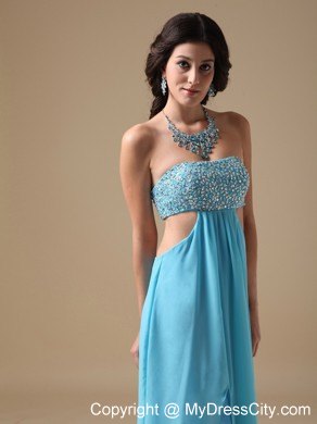 Sexy Aqua Empire Floor-length Chiffon Prom Gown with Beaded Bust