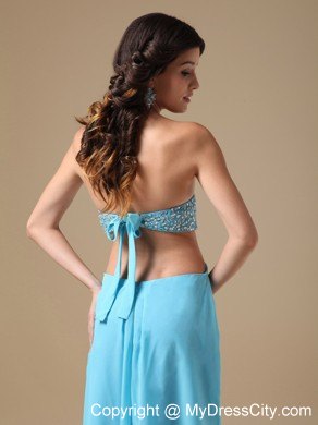 Sexy Aqua Empire Floor-length Chiffon Prom Gown with Beaded Bust