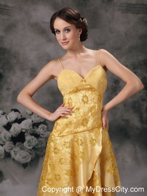 Sexy Gold Elastic Woven Satin High-low Prom Dress with Lace