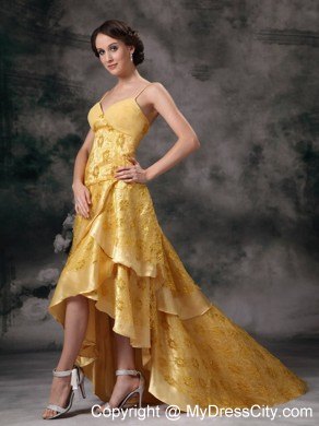 Sexy Gold Elastic Woven Satin High-low Prom Dress with Lace