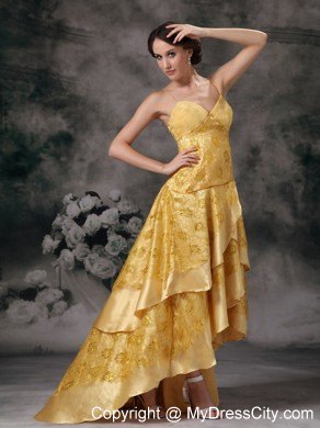 Sexy Gold Elastic Woven Satin High-low Prom Dress with Lace