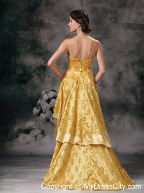 Sexy Gold Elastic Woven Satin High-low Prom Dress with Lace