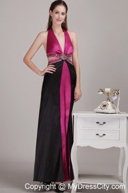 Backless Fuchsia Halter Ankle-length Prom Dress with Beading