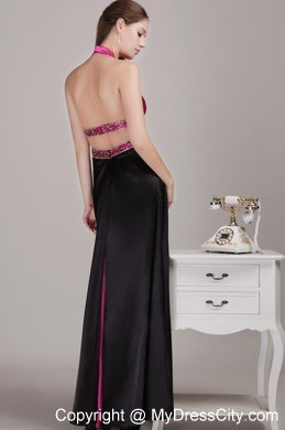 Backless Fuchsia Halter Ankle-length Prom Dress with Beading