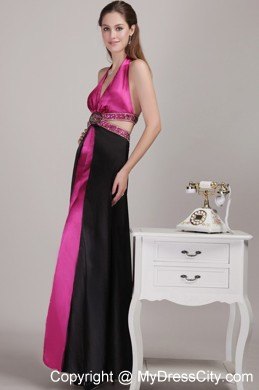 Backless Fuchsia Halter Ankle-length Prom Dress with Beading