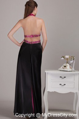 Backless Fuchsia Halter Ankle-length Prom Dress with Beading