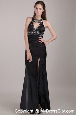 Black Column Scoop Backless Rhinestones Prom Gown with High-slit