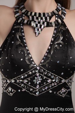 Black Column Scoop Backless Rhinestones Prom Gown with High-slit