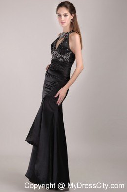 Black Column Scoop Backless Rhinestones Prom Gown with High-slit