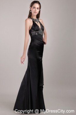 Black Column Scoop Backless Rhinestones Prom Gown with High-slit